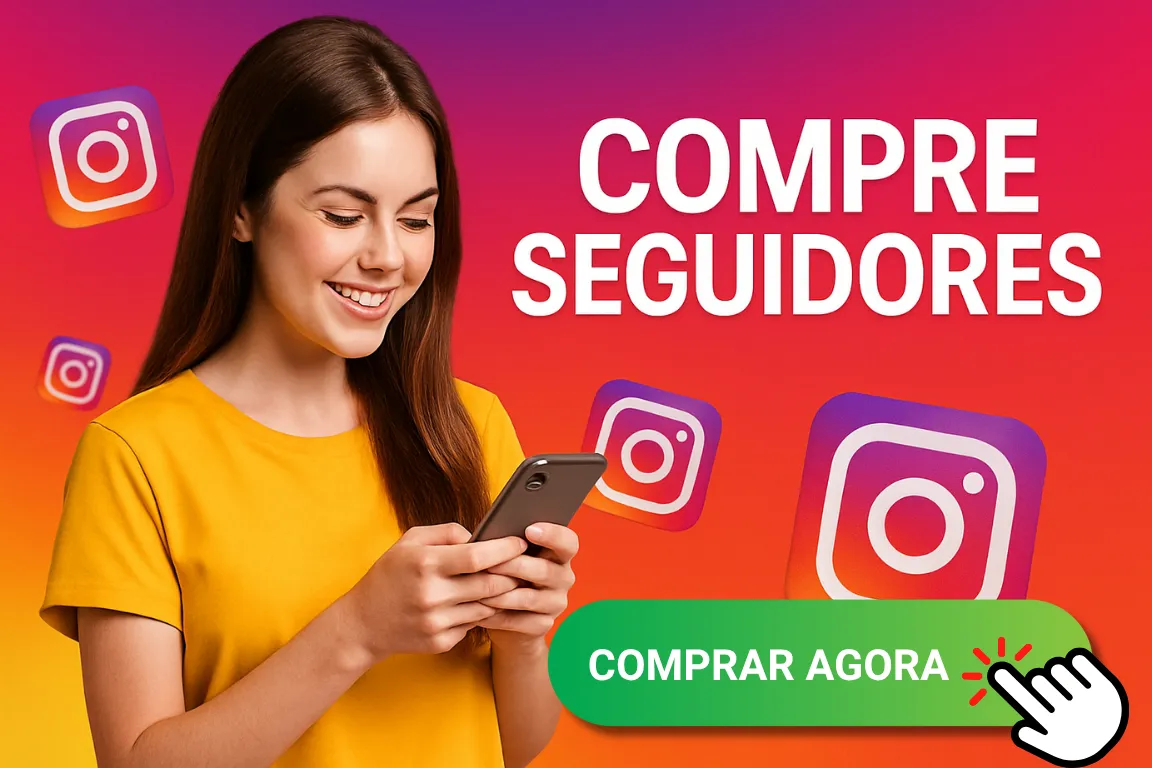 Mulher sorridente usando celular com botão de chamada para ação comprar seguidores e logotipos do Instagram flutuando