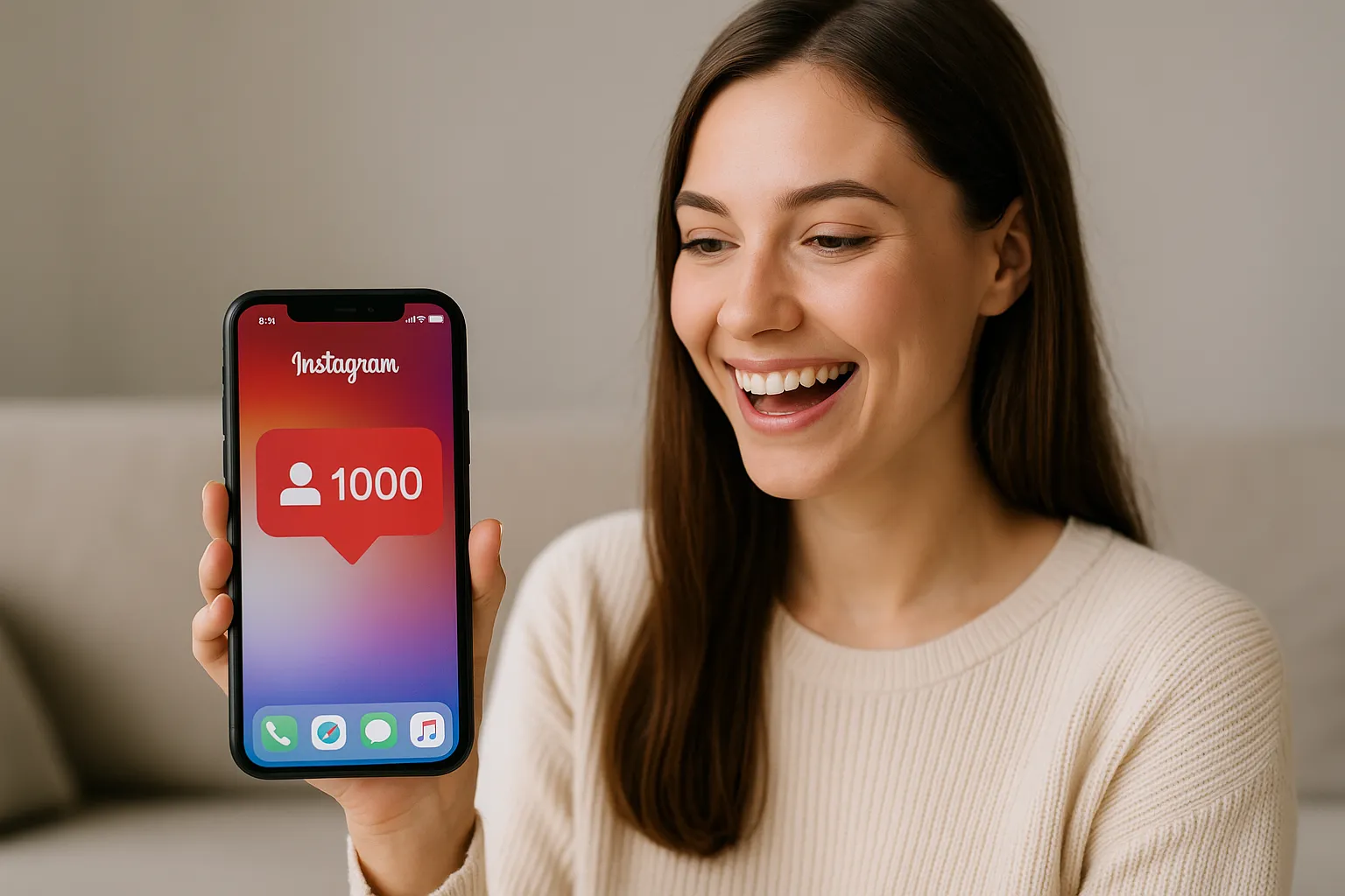Notificação de Novos Seguidores no Instagram Mulher sorridente segurando celular com notificação de 1000 novos seguidores no Instagram