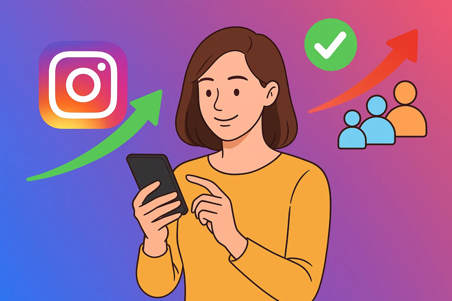Compra de Seguidores no Instagram com Segurança Ilustração de mulher confiante segurando celular com ícones do Instagram, setas de crescimento e aparência de segurança digital
