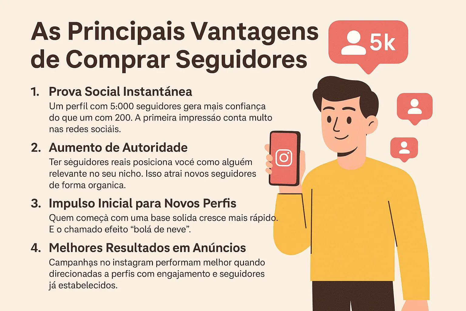 Vantagens de Comprar Seguidores no Instagram Infográfico com ícones representando prova social, autoridade, anúncios e oportunidades comerciais no Instagram
